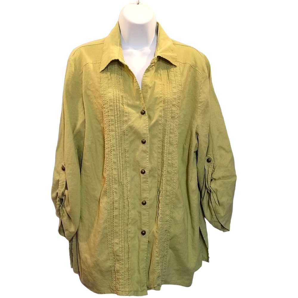 RQT Blouse Top Womens 2X Linen Blend Button Up Green Pin Tuck Roll Tab Sleeves